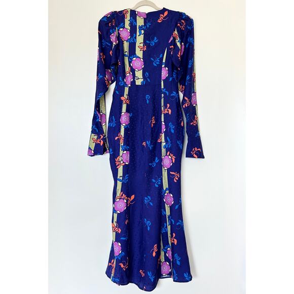 NWT Silvia Astore Jade Blue Floral Silk Midi Dress Size 42 |‎ Medium Long Sleeve - Picture 10 of 16